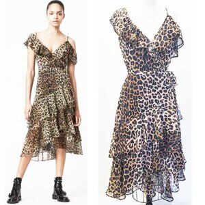 Allsaints Womens Brown Leopard Print Ruffle Sleeveless Warp Kari Leppo Dress 4